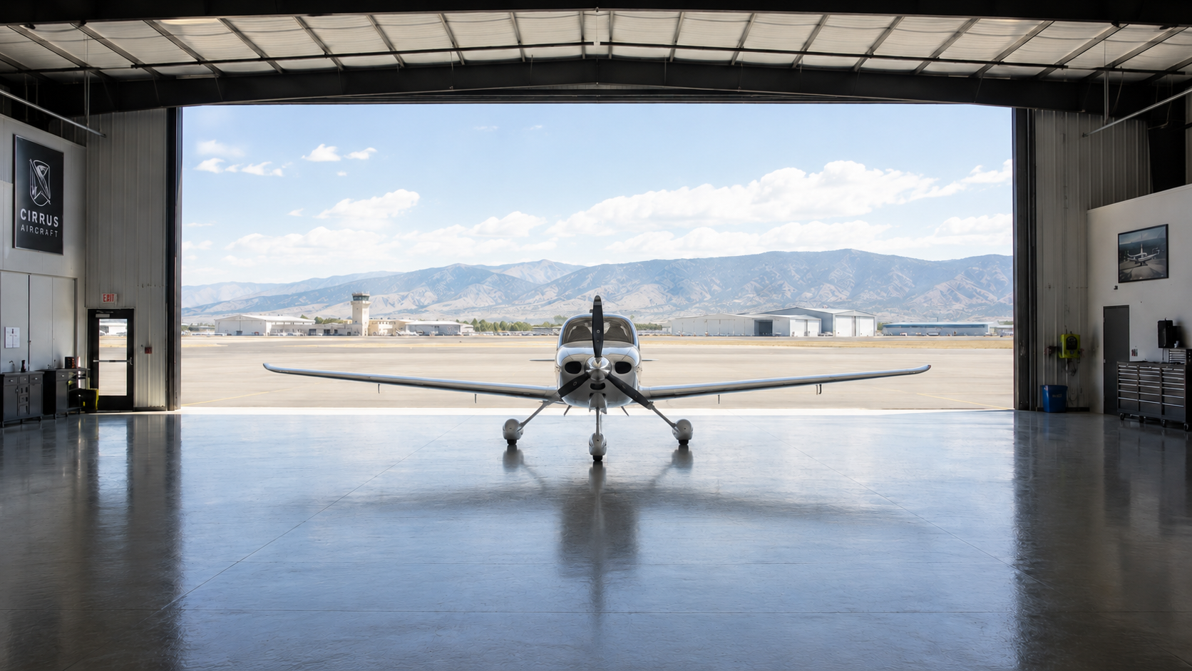 Cirrus SR22 aircraft inside a hangar with mountains visible in the background