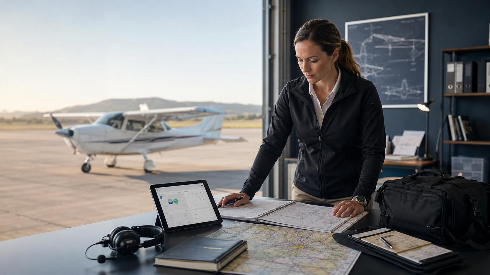 Female flight instructor reviewing charts and materials at a desk with a Cessna in the background