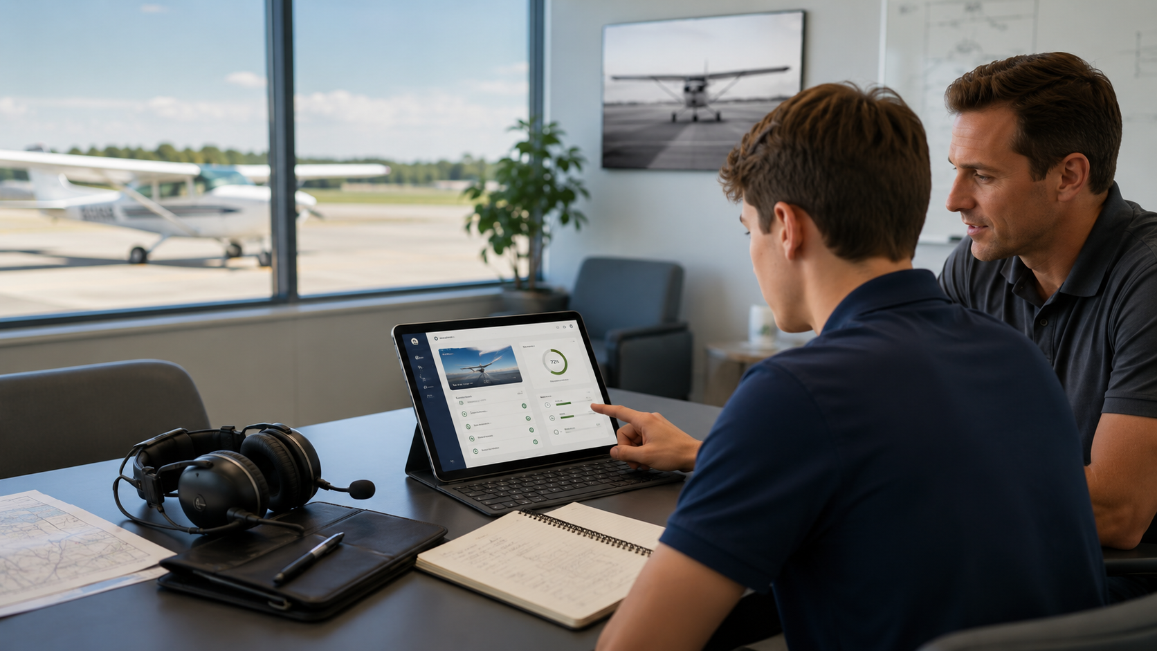 Student and instructor reviewing courseware on a tablet at an airport