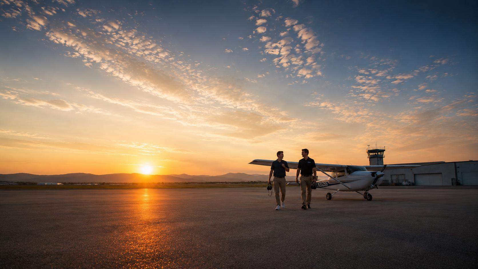 Two pilots walking in front of a Cessna at sunset on the tarmac