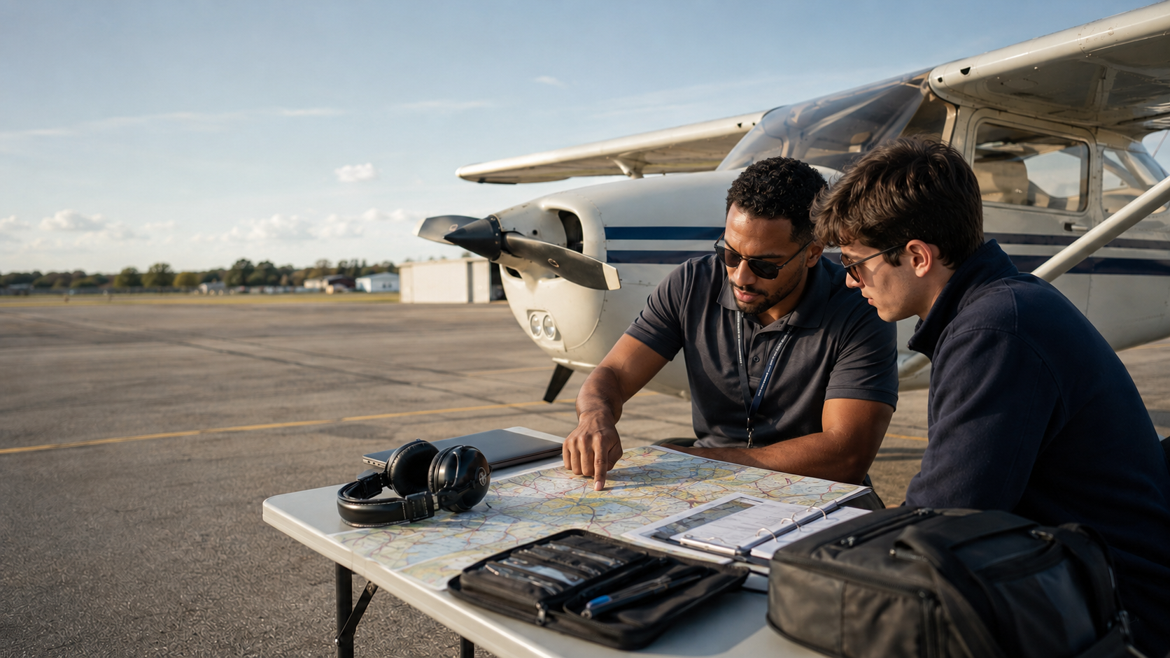 Instructor and student reviewing a navigation chart in front of a Cessna on the tarmac